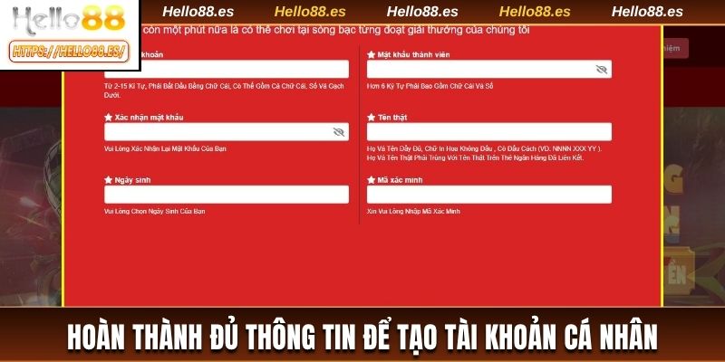 Hoàn thành đủ thông tin để tạo tài khoản cá nhân